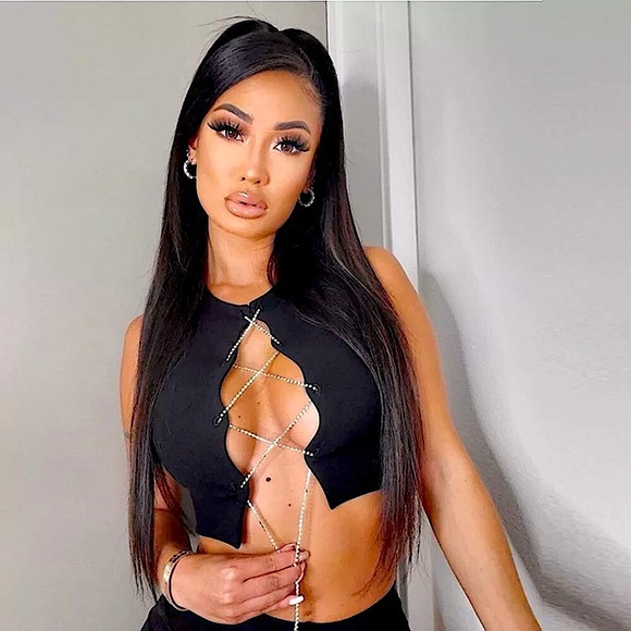 Tops - Black silver rhinestone lace up crop top